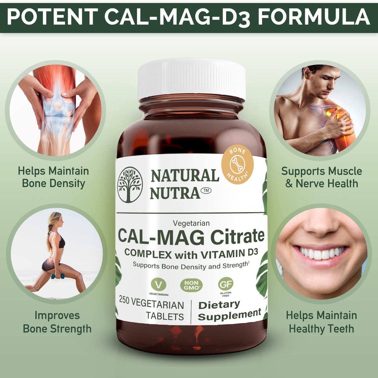 Natural Nutra Cal-Mag Citrate with Vitamin D3,1000/500 mg Complex, Strengthen Bone Density, Muscle and Nerve Health, Help Maintain Healthy Teeth, Highly Bioavailable Sources, 100 Vegan Tablets