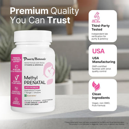 Power By Naturals Methyl Prenatal with Probiotics – Prenatal Vitamins for Women with Iron, Methyl Folate, B12 & 28 Nutrients & Botanicals – Vegan, Non-GMO, Gluten-Free – 60 Capsules (1-Month Supply)