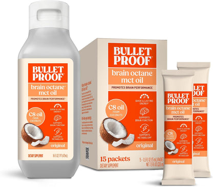Bulletproof Brain Octane C8 MCT Oil and Brain Octane C8 MCT Oil Packets Bundle, Pack of 15, Keto Supplement for Sustained Energy and Craving Support