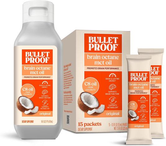 Bulletproof Brain Octane C8 MCT Oil and Brain Octane C8 MCT Oil Packets Bundle, Pack of 15, Keto Supplement for Sustained Energy and Craving Support