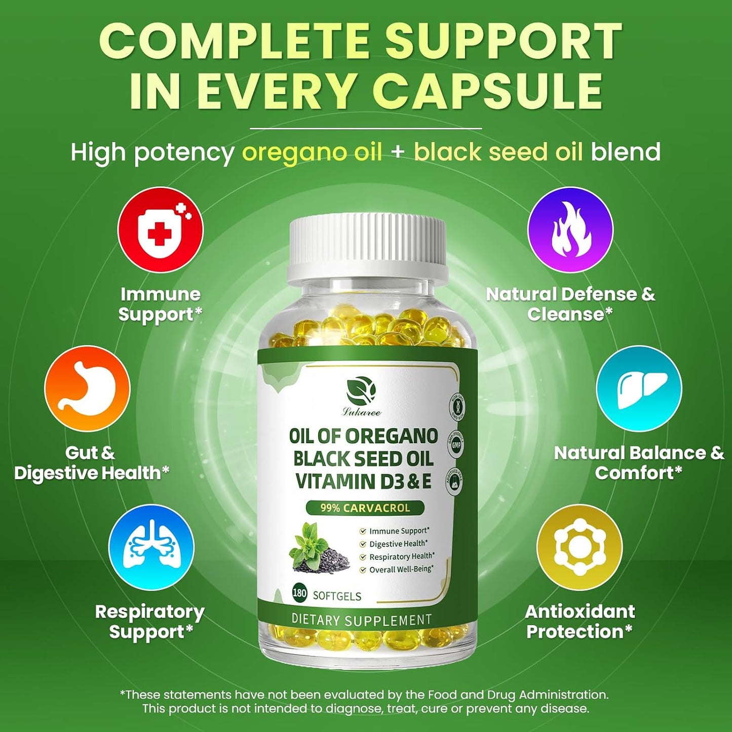 Oregano Oil Softgels with Black Seed Oil, 99% Carvacrol, 180 Ct, 3 Month | 5-in-1 with Vitamin D3 E Black Pepper, Immune, Respiratory, Digestive & Antioxidant*, Ultra-Concentrated, Easy to Swallow
