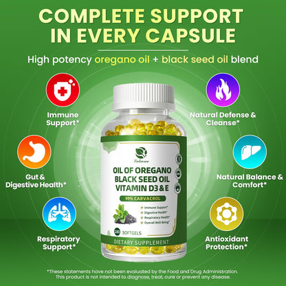 Oregano Oil Softgels with Black Seed Oil, 99% Carvacrol, 180 Ct, 3 Month | 5-in-1 with Vitamin D3 E Black Pepper, Immune, Respiratory, Digestive & Antioxidant*, Ultra-Concentrated, Easy to Swallow