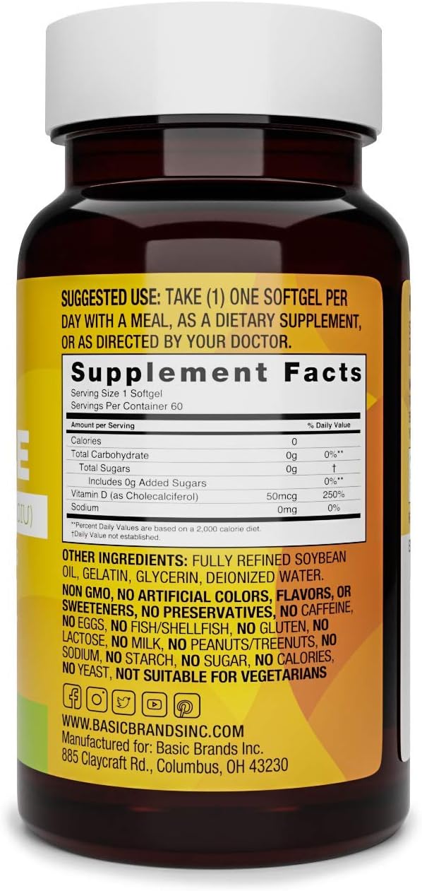 Basic Brands Happy Sunshine Vitamin D3 2000 IU | Gluten-Free, 60 Softgels