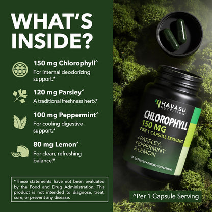Chlorophyll Pills for Internal Cleanse & Balance, 30 Count, Internal Detox | Skin Health and Body Deodorizing Supplement with Parsley Peppermint & Lemon Extract, Vegan Non-GMO Chlorophyll Capsules