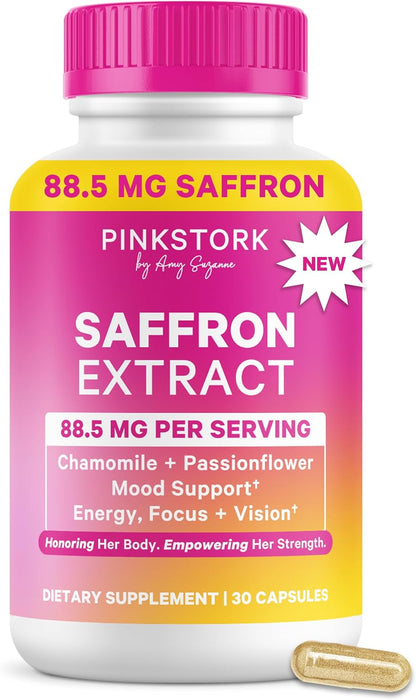 Pink Stork Saffron Extract for Mood Balance for Women, 30 Capsules | 88.5mg Saffron with Chamomile & Passionflower, Stress, Calm + Cortisol Support, Emotional Wellness + Hormonal Mood Balance