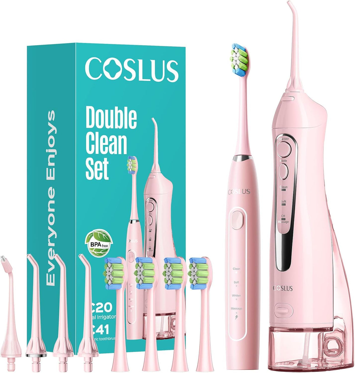 COSLUS C20C41 Water Flosser Electric Toothbrush Combo, Pink Oral Clean Kit