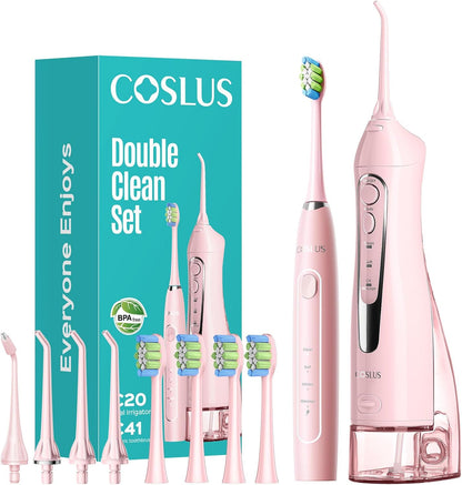 COSLUS C20C41 Water Flosser Electric Toothbrush Combo, Pink Oral Clean Kit