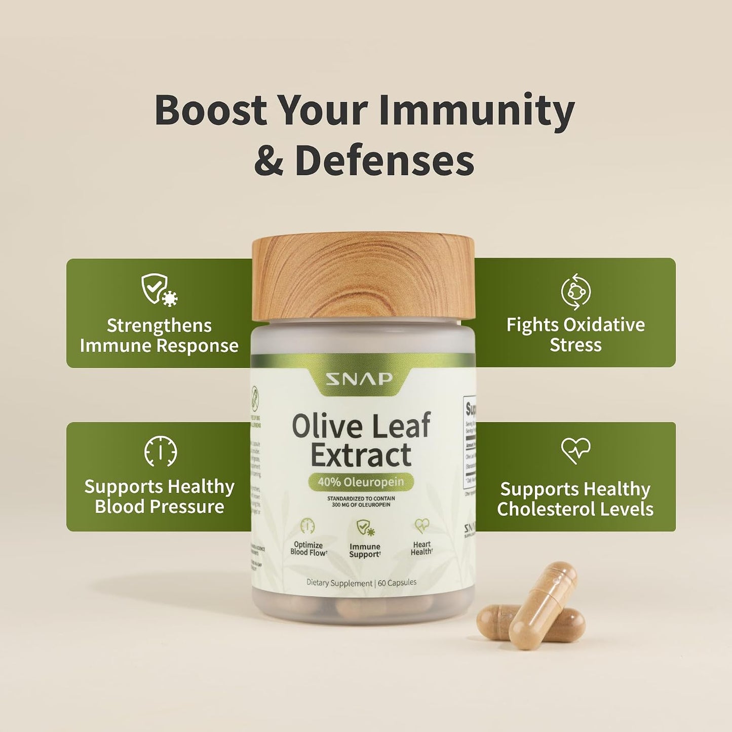 Snap Supplements Olive Leaf Extract with Oleuropein, 60 Capsules | Standardized to 40% Oleuropein, Antioxidant-Rich, Supports Blood Flow & Healthy Digestion