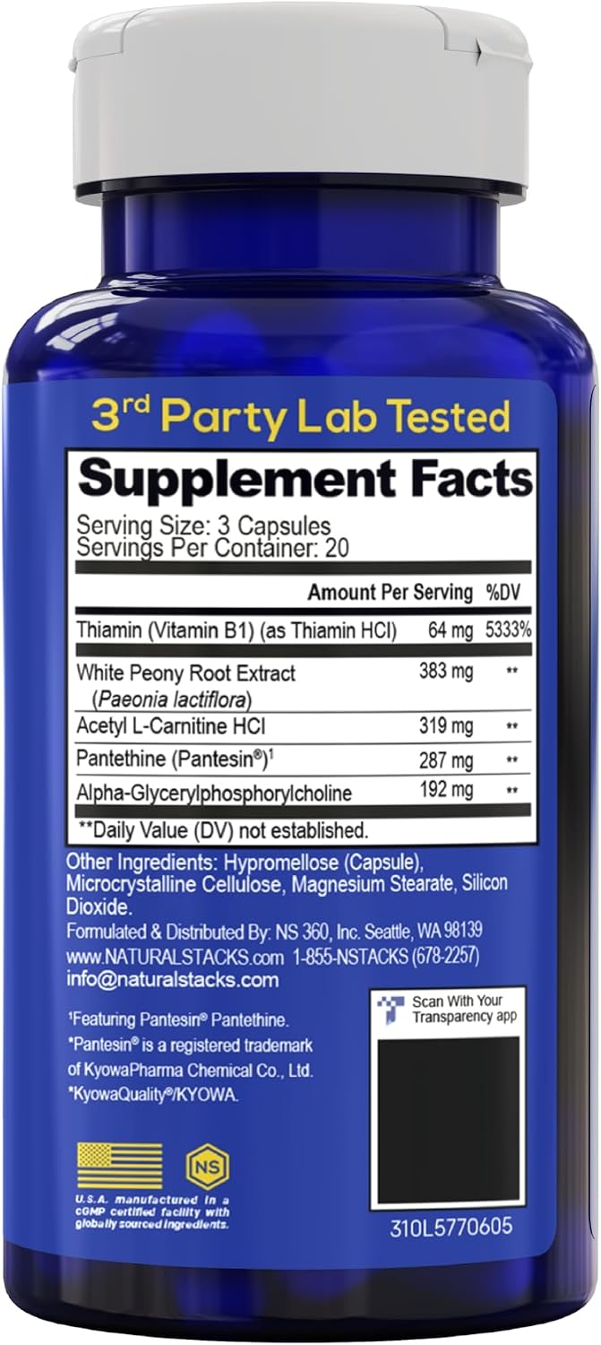 Acetylcholine Brain Food w/Alpha GPC, Cognitive Function Support, 60 Count | Choline Supplement w/ 319mg Acetyl L-Carnitine & White Peony Root - Neurotransmitter Support for Learning - Natural Stacks