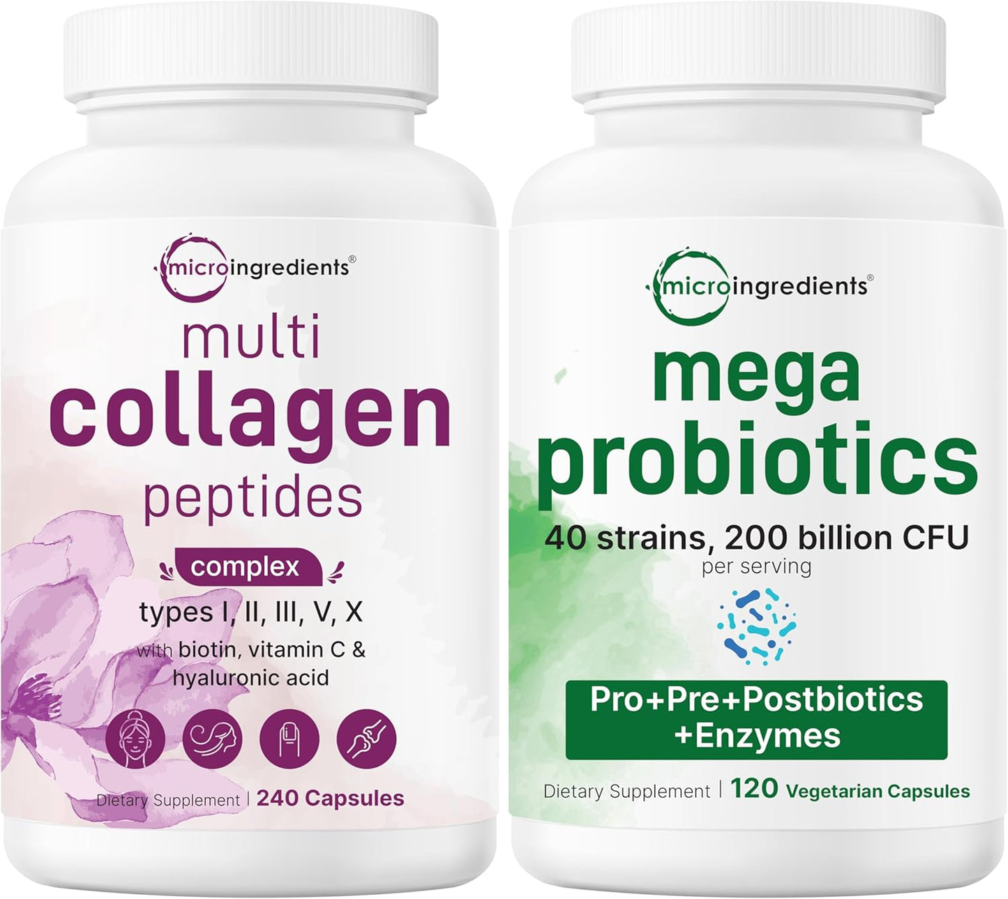 Micro Ingredients 8-in-1 Multi Collagen Pills & Mega Probiotics 200 Billion CFU Veggie Capsules | 2 Pack Bundle | Hydrolyzed Peptides + Hyaluronic Acid & Vitamin C | 40 Strains + Inulin & Bromelain