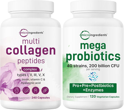 Micro Ingredients 8-in-1 Multi Collagen Pills & Mega Probiotics 200 Billion CFU Veggie Capsules | 2 Pack Bundle | Hydrolyzed Peptides + Hyaluronic Acid & Vitamin C | 40 Strains + Inulin & Bromelain