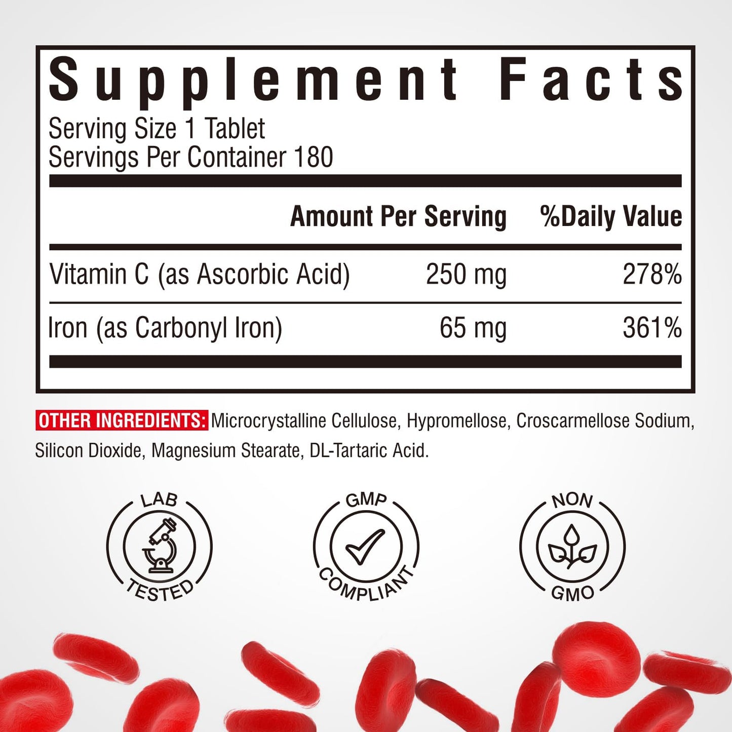 Iron Supplement, 65mg Carbonyl Iron with 250mg Vitamin C, Stomach Friendly | Iron Pills for Blood Building Women & Men, High Absorption, No Nausea, No Constipation, Non-GMO, No Gluten, 60 Vegan Tabs