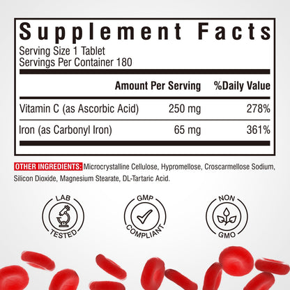 Iron Supplement, 65mg Carbonyl Iron with 250mg Vitamin C, Stomach Friendly | Iron Pills for Blood Building Women & Men, High Absorption, No Nausea, No Constipation, Non-GMO, No Gluten, 60 Vegan Tabs