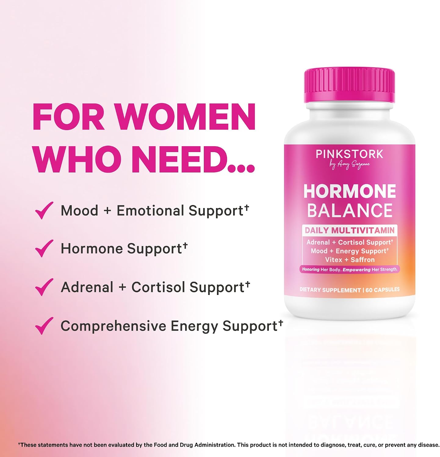 Pink Stork Hormone Balance Multivitamin for Women, 60 Vegan Capsules | 18-in-1 Vitex, Saffron, Ashwagandha, Magnesium | Mood, Energy, Cortisol, Adrenal Support | PMS, Perimenopause Support