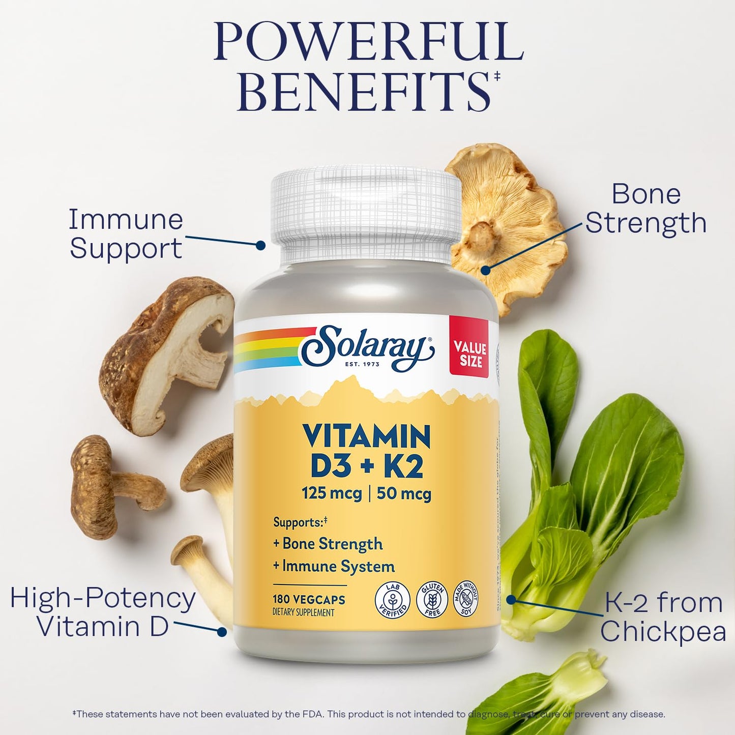 SOLARAY Vitamin D3 K2 - Bone Health and Immune Support Supplement - With 5000 IU Vitamin D as Vit D3 and 50 mcg Vitamin K2 as Menoquinone MK7, Made Without Soy, 60-Day Guarantee, 120 Serv, 120 VegCaps