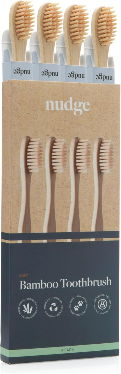 Nudge - Natural Bamboo Toothbrushes with Bamboo Bristles, Soft Bristles Toothbrush, Biodegradable, Eco-Friendly, Sustainable Material, BPA Free (Pack of 4)