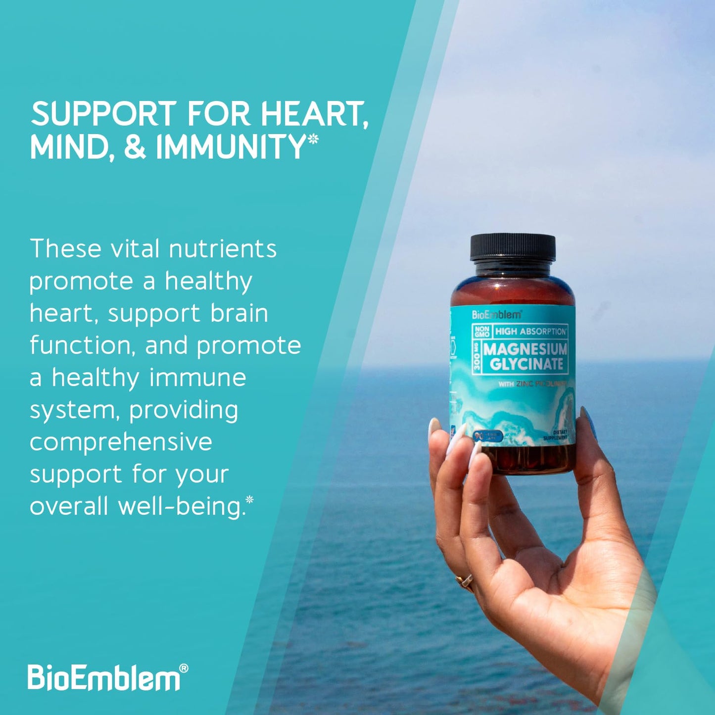 BioEmblem Magnesium Glycinate with Zinc - 300mg Chelated Magnesium Supplement - High Absorption Vegan Non-GMO 2-in-1 Complex - Immune Support, Muscles, Nerves - 90 Capsules