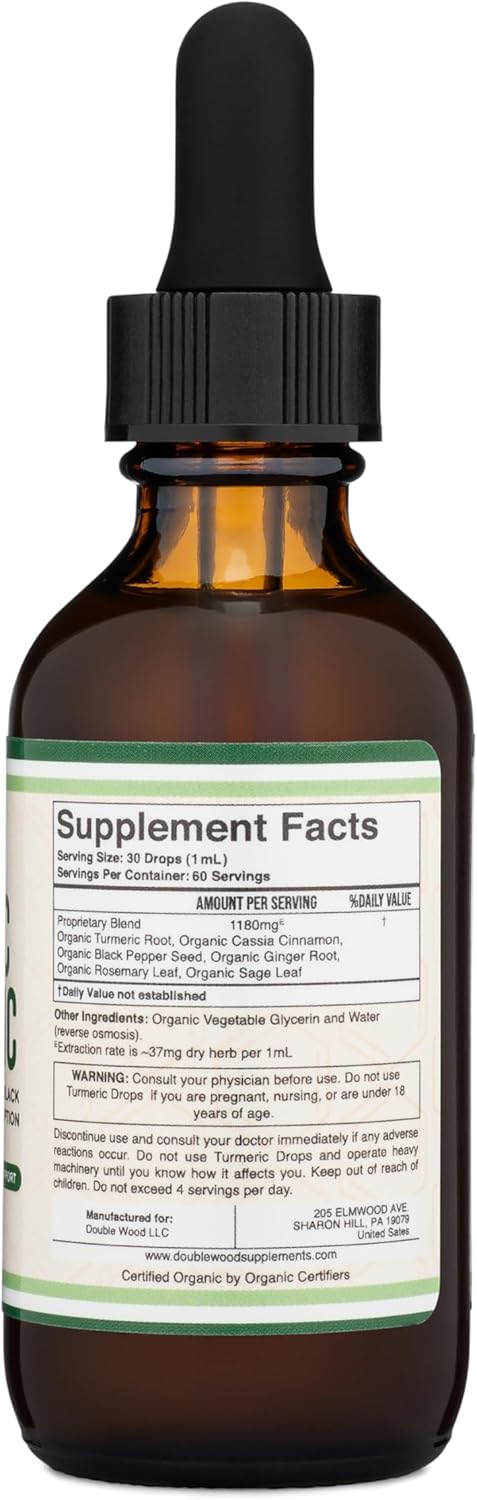 Turmeric Curcumin with Black Pepper Drops - Organic Turmeric Supplement Drops 1,180mg - 2FL OZ, 60 Servings (with Black Pepper Seed, Ginger, Rosemary, and Sage) for Joint Support by Double Wood