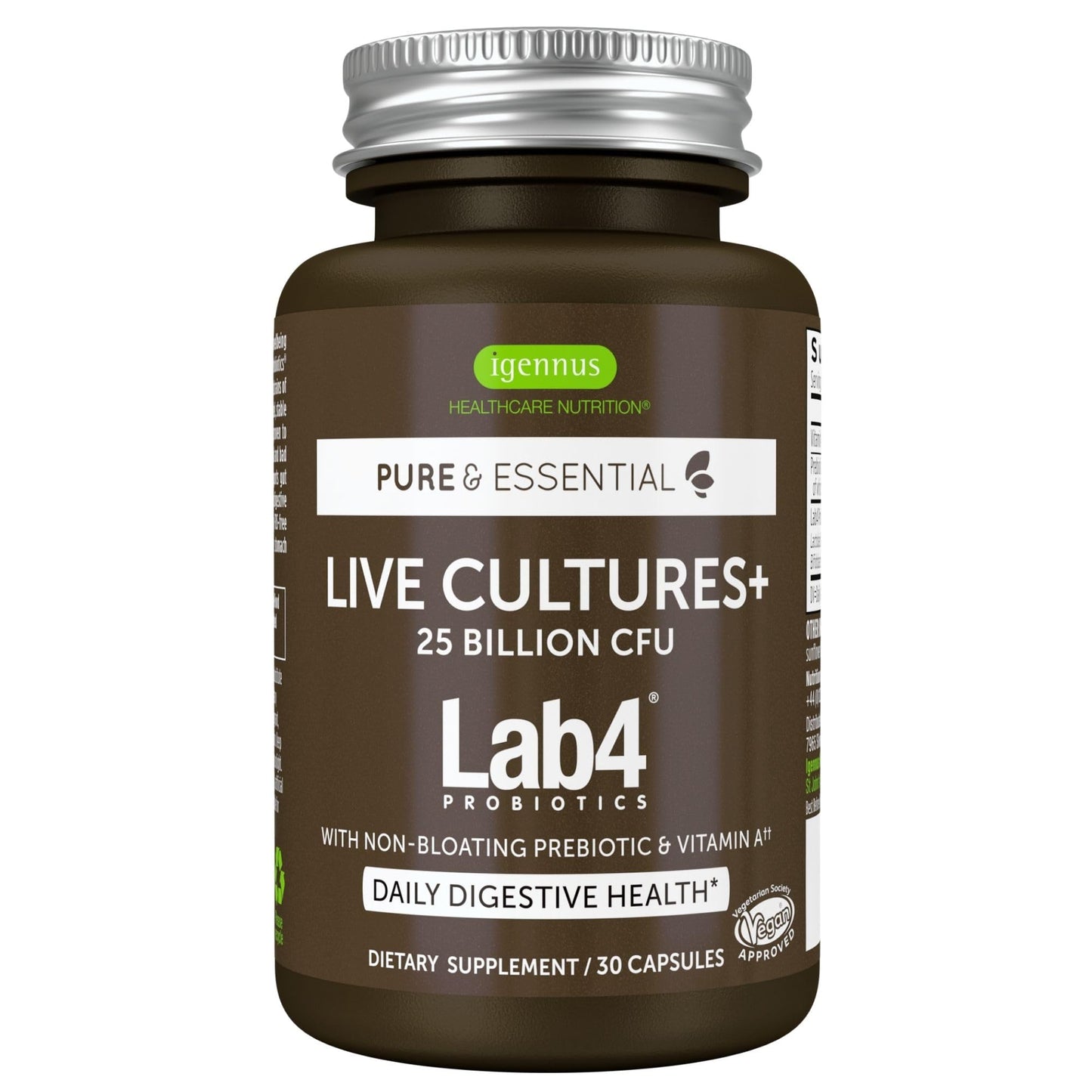 Igennus Live Cultures+ Lab4, Lactobacillus Acidophilus & Bifidobacterium | Lactis & Bifidum, 2 in 1 Probiotics & Prebiotic, 25 Billion CFU, Gut Health Support, Non-Bloating, Non-GMO, 30 Capsules