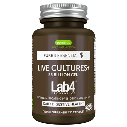 Igennus Live Cultures+ Lab4, Lactobacillus Acidophilus & Bifidobacterium | Lactis & Bifidum, 2 in 1 Probiotics & Prebiotic, 25 Billion CFU, Gut Health Support, Non-Bloating, Non-GMO, 30 Capsules