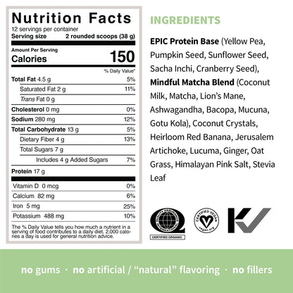 Sprout Living Epic Protein, Plant Based Protein & Superfoods Powder, Mindful Matcha