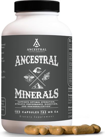Ancestral Supplements Minerals & Electrolytes Capsules, 180 Ct | A trace mineral supplement with magnesium, potassium & sodium supports hydration, immune health and performance.