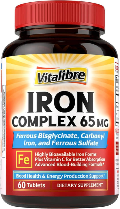 Iron Supplement, 65mg Complex Ferrous Bisglycinate, Sulfate, Carbonyl Iron | with Natural Vitamin C, Stomach Friendly Iron Pills for Blood Building, High Absorption, Non GMO, 60 Vegan Tabs