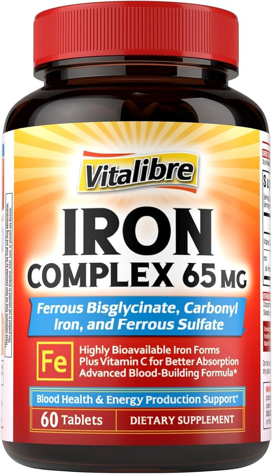 Iron Supplement, 65mg Complex Ferrous Bisglycinate, Sulfate, Carbonyl Iron | with Natural Vitamin C, Stomach Friendly Iron Pills for Blood Building, High Absorption, Non GMO, 60 Vegan Tabs