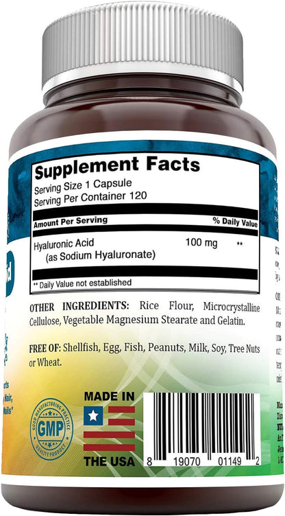 Hyaluronic Acid Dietary Supplement - 100 mg 120 Capsules (Non-GMO) - The Best Supplements for Joint Health, Skin Care & More*