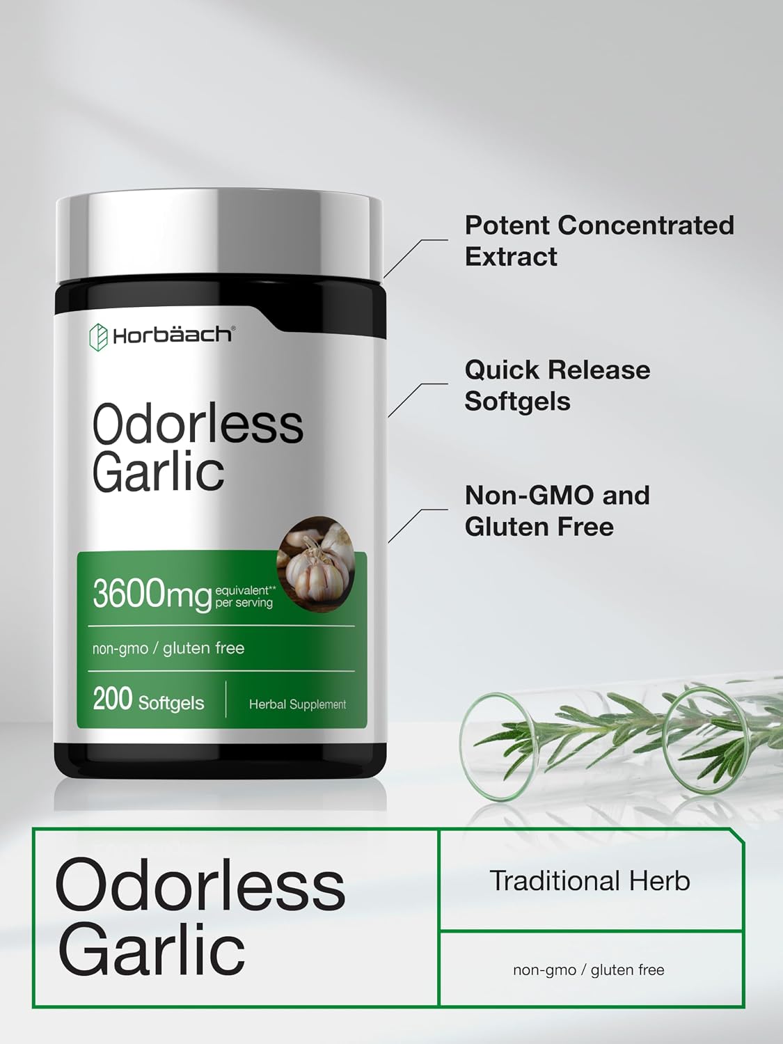 Horbäach Odorless Garlic Softgel Supplement | 200 Pills | Ultra Potent Concentrated Herbal Extract | Non-GMO & Gluten Free