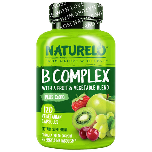 NATURELO Vitamin B Complex,120 Capsules, Vegan, CoQ10, Methyl Folate, Biotin, Fruit & Veg Blend, Supports Energy and Healthy Stress Response, Super B Complex Vitamins for Women and Men
