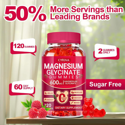 Magnesium Glycinate Gummies 600mg, Sugar Free Magnesium Gummies for Adults