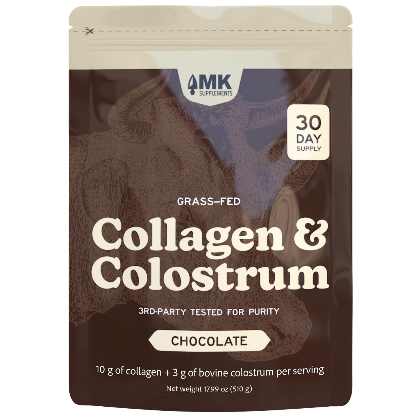 MK Supplements Grass-Fed Collagen & Colostrum Powder, Unflavored, IgG 21% | Collagen Types I & II plus Bone Peptides and Whole-Food Calcium Matrix, New Zealand Raised