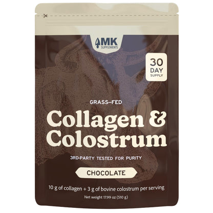 MK Supplements Grass-Fed Collagen & Colostrum Powder, Unflavored, IgG 21% | Collagen Types I & II plus Bone Peptides and Whole-Food Calcium Matrix, New Zealand Raised