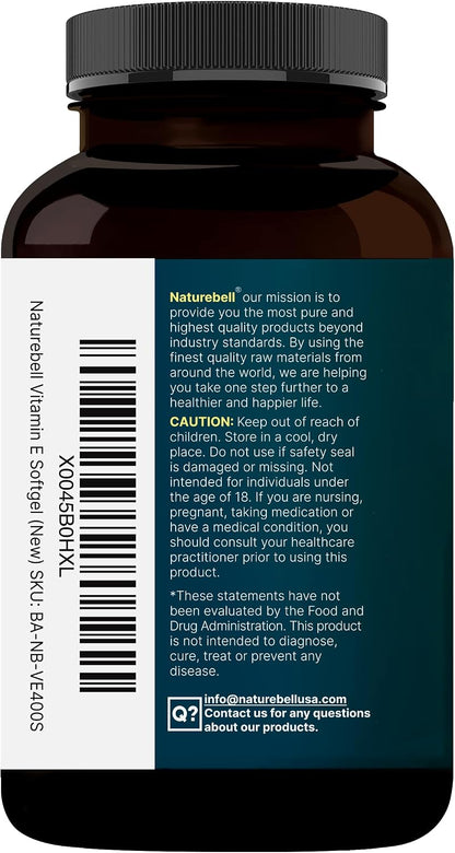 NatureBell Vitamin E Oil Softgels, 400iu Per Serving, 400 Pills | Essential Antioxidant Supplements, Easily Absorbed Form – Supports Skin, Heart, & Immune Health – Non-GMO