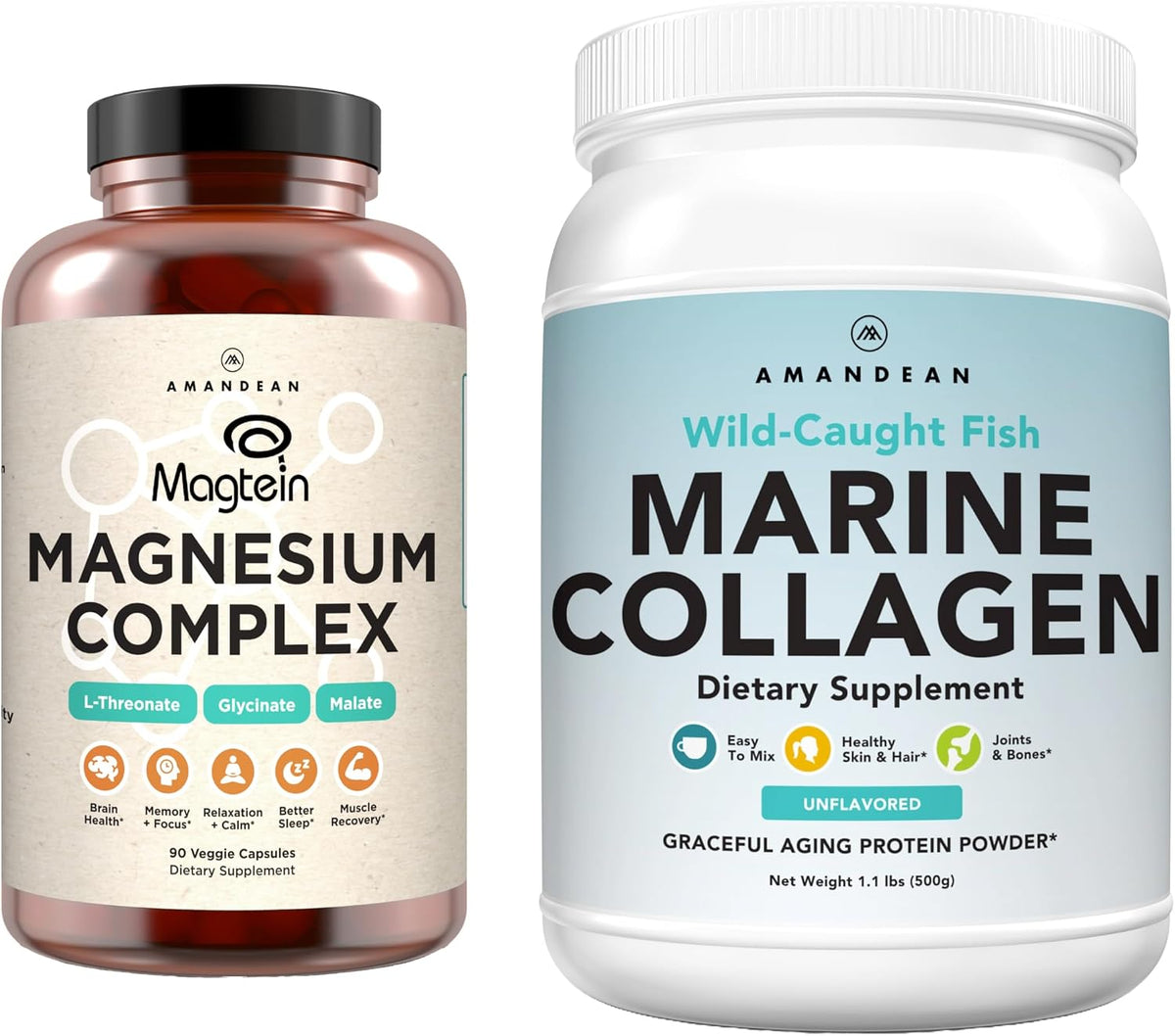 AMANDEAN Premium Magnesium Complex & Marine Collagen Bundle. High-Absorption Magnesium Threonate, Glycinate & Malate. Wild-Caught Hydrolyzed Fish Collagen Protein. Support Quality Sleep, Skin & Mood