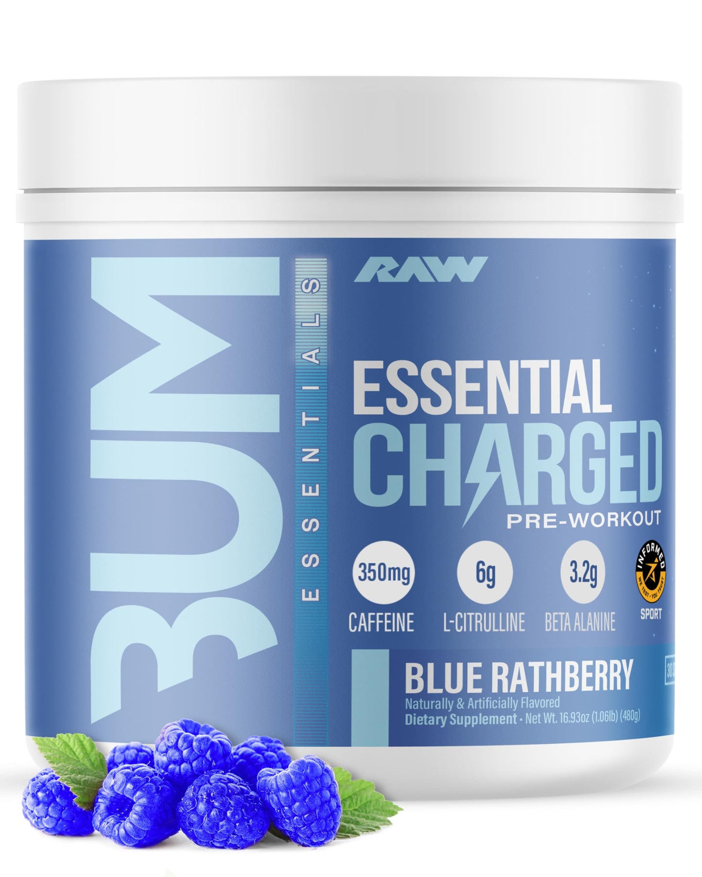 RAW Pre-Workout Powder, Essential CHARGED (Sour Watermelon) - Preworkout Supplement for Men & Women - Supports Focus, Mood & Performance - Caffeine, Alpha-GPC, L-Citrulline, Beta Alanine (25 Servings)