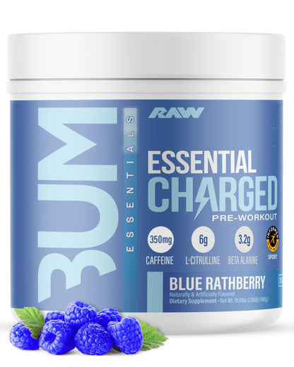 RAW Pre-Workout Powder, Essential CHARGED (Sour Watermelon) - Preworkout Supplement for Men & Women - Supports Focus, Mood & Performance - Caffeine, Alpha-GPC, L-Citrulline, Beta Alanine (25 Servings)