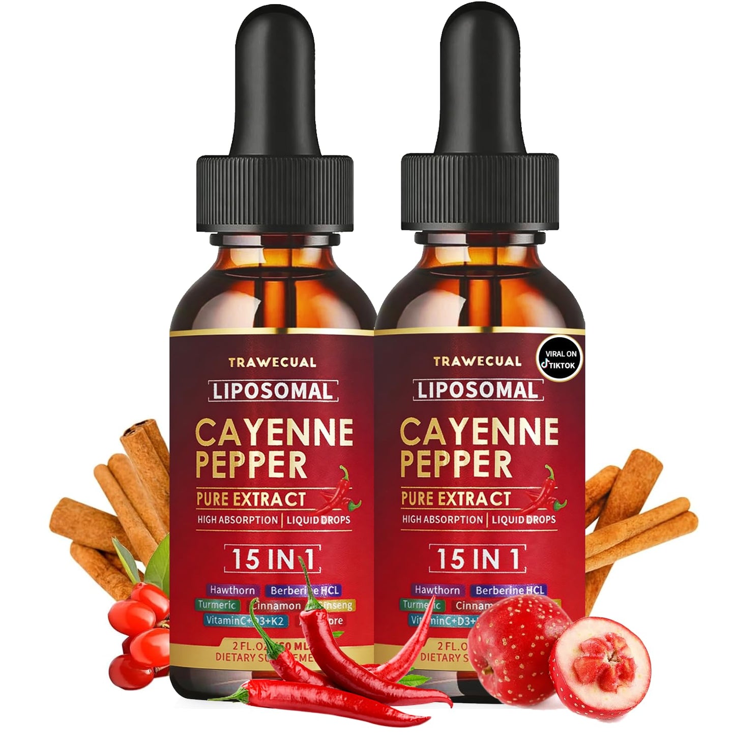 15 in1 Liposomal Cayenne Pepper Liquid Drops Supplement, with Vitamin D3 K2, Hawthorn, Berberine HCL, Beet Root, Turmeric, Cinnamon, Digestion, Circulatory Heath Support- 2 Fl Oz for 30 Days