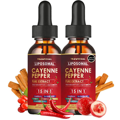 15 in1 Liposomal Cayenne Pepper Liquid Drops Supplement, with Vitamin D3 K2, Hawthorn, Berberine HCL, Beet Root, Turmeric, Cinnamon, Digestion, Circulatory Heath Support- 2 Fl Oz for 30 Days