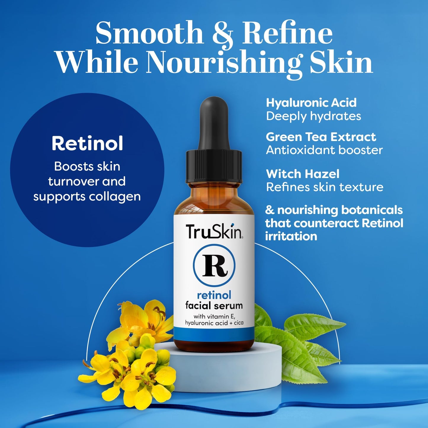 TruSkin Retinol Serum for Face with Hyaluronic Acid & Cica, 1 fl oz | Gentle overnight retinoid serum with Vitamin E helps visibly smooth fine lines, refines skin texture for renewed-looking skin
