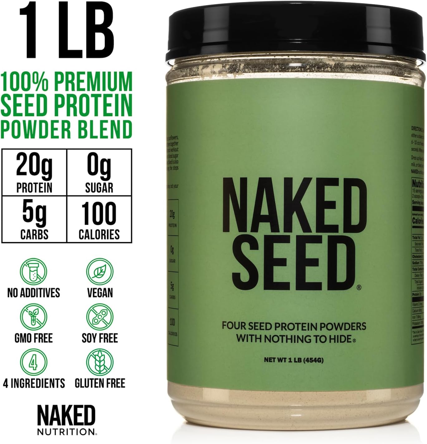 Naked Seed - 4 Seed Protein Powder, Only 4 Ingredients - Chia, Watermelon, Sunflower and Pumpkin Seed - Gluten-Free, Soy Free, Vegan, No Gmos, No Artificial Sweeteners - 15 Servings