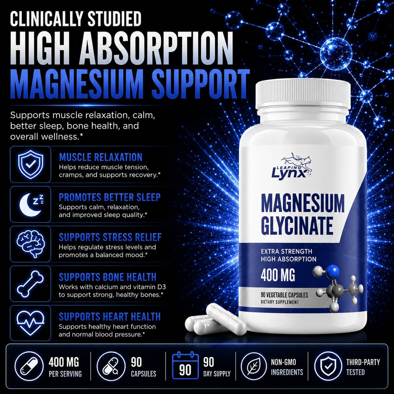 Magnesium Glycinate 400mg per Serving (60mg Elemental Magnesium) – 90 Capsules, High Absorption Chelated Magnesium Supplement for Sleep, Calm, Muscle Recovery & Nervous System Support