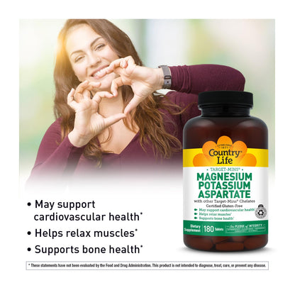 Country Life Target-Mins Magnesium Potassium Aspartate 600 mg/198 mg, Heart, Muscle & Bone Support, Vegan, Gluten-Free, Kosher, 180 Tablets