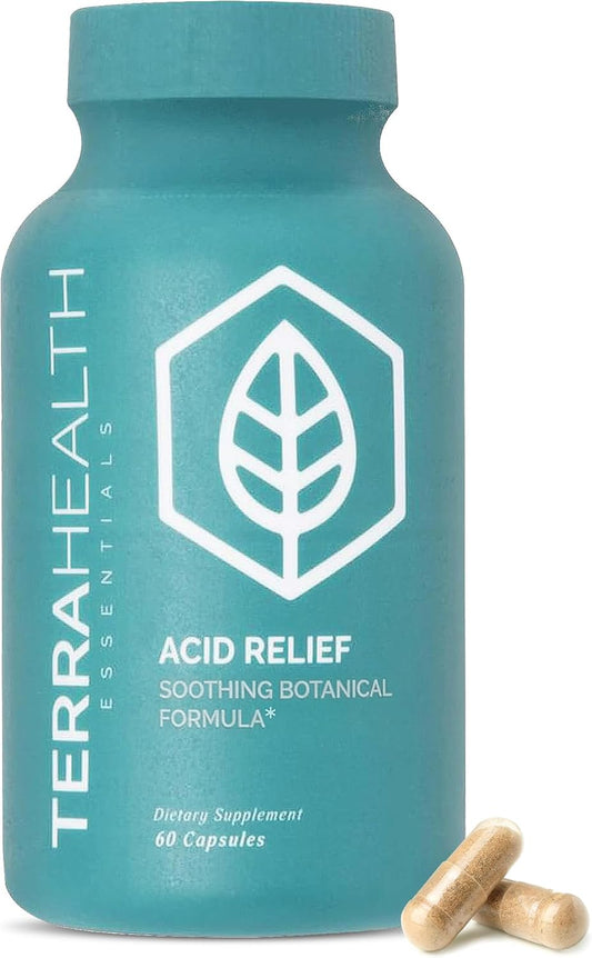 Terra Health Essentials Acid Relief - Daily Digestive Support Supplement for Gut Health & Balanced Digestion - Lemon Balm, Slippery Elm, Aloe Vera, DGL Licorice - Plant-Based & Non-GMO - 60 Capsules
