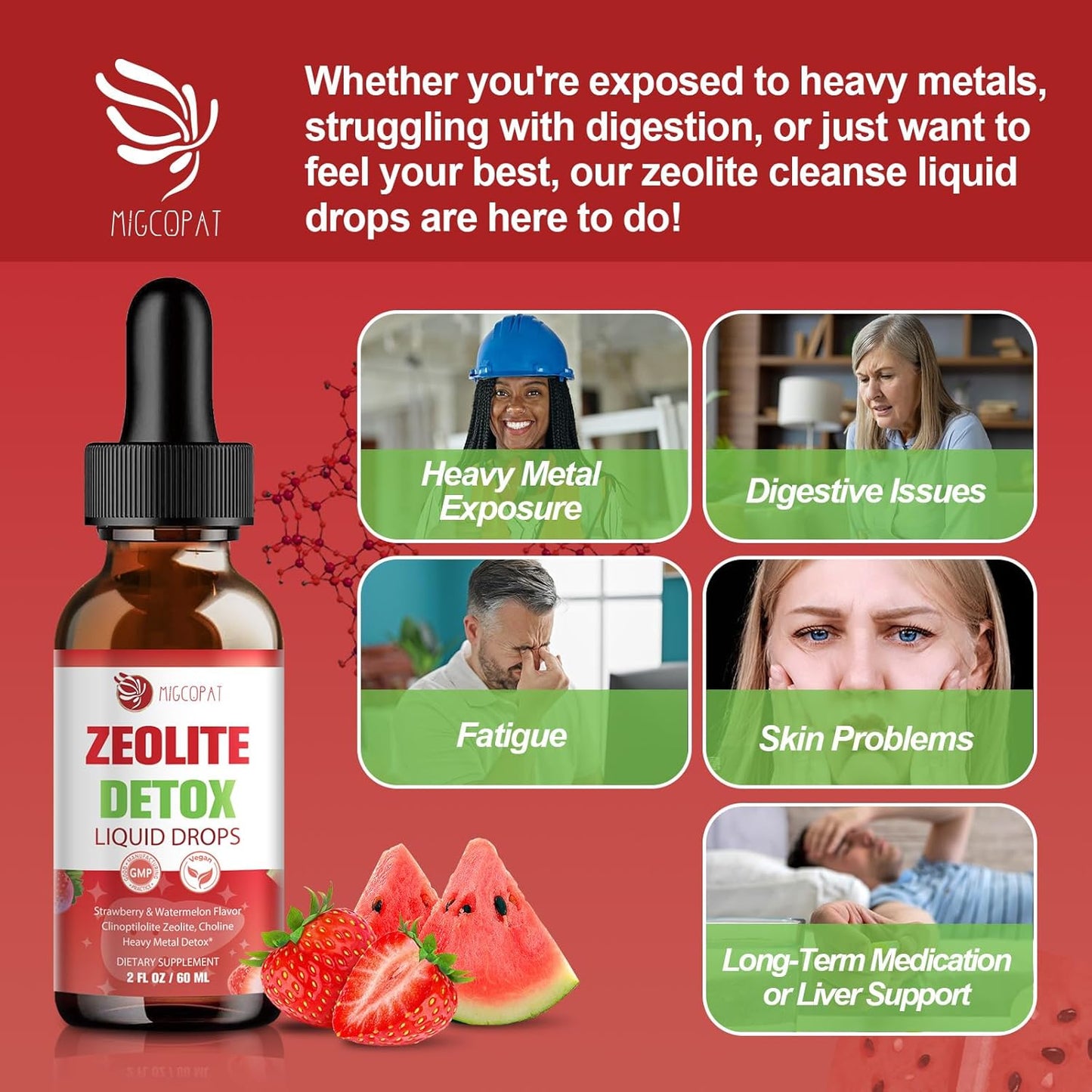 Zeolite Detox Liquid Drops with B12, D3 & Vitamin C – Pure Body Cleanse Support for Heavy Metals, Natural Zeolite Formula, Strawberry Watermelon Flavor, 60ml