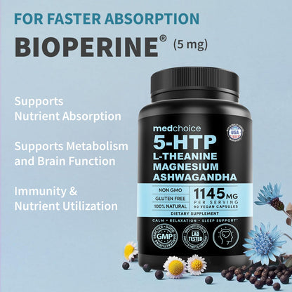 MEDCHOICE 15-in-1 Caffeine-Free Mood Support Supplement - 5HTP 200mg Capsules with L-Theanine, Magnesium, Ashwagandha, GABA, St. John's Wort and L-Tryptophan - 1145mg (90ct, Pack of 3)
