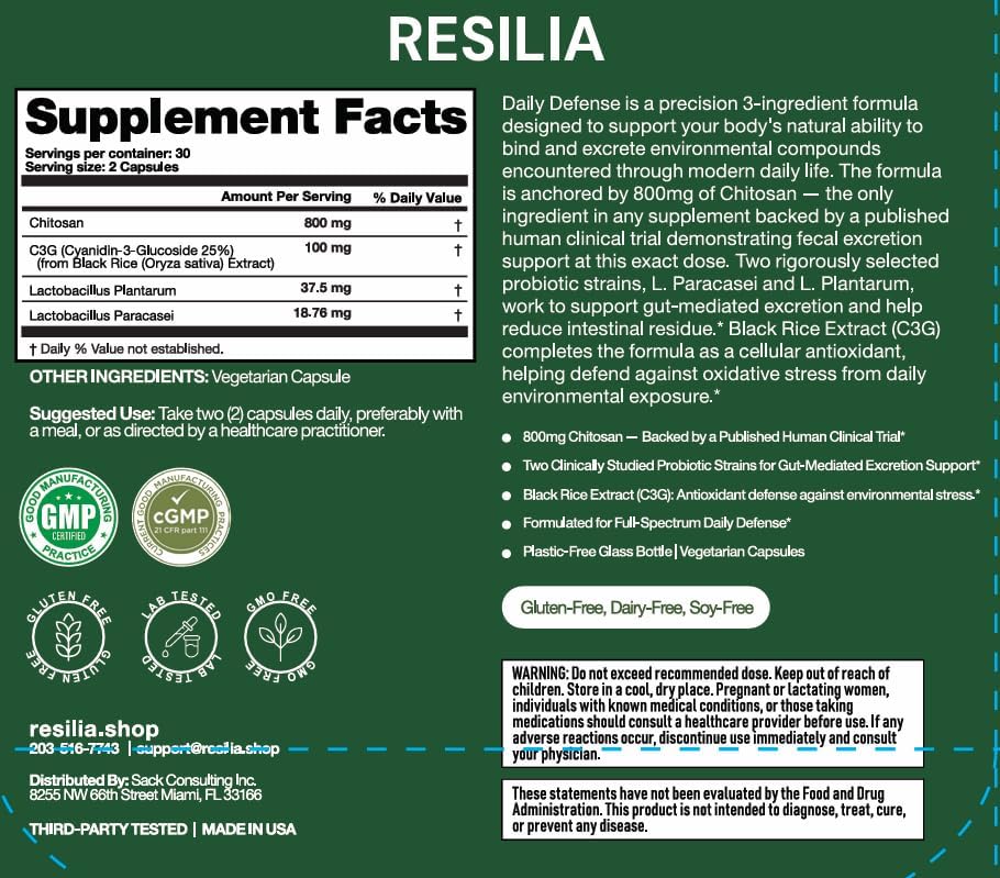 Resilia Daily Defense Capsules – Chitosan 800mg + Probiotics & Black Rice Extract – Digestive & Gut Health Support – Antioxidant Formula – Non-GMO, Gluten-Free, 60 Capsules