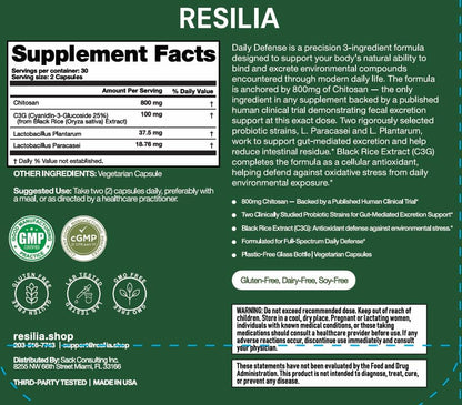 Resilia Daily Defense Capsules – Chitosan 800mg + Probiotics & Black Rice Extract – Digestive & Gut Health Support – Antioxidant Formula – Non-GMO, Gluten-Free, 60 Capsules