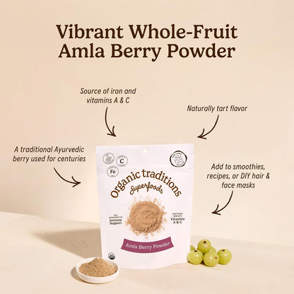 Organic Traditions Amla Powder, Amla Powder Organic from Indian Gooseberry, Wholefood Vitamin C Fruit for Smoothies Juices and Recipes, Superfood Plant Based Non GMO Powdered Amla Fruit, 200g /7oz Bag